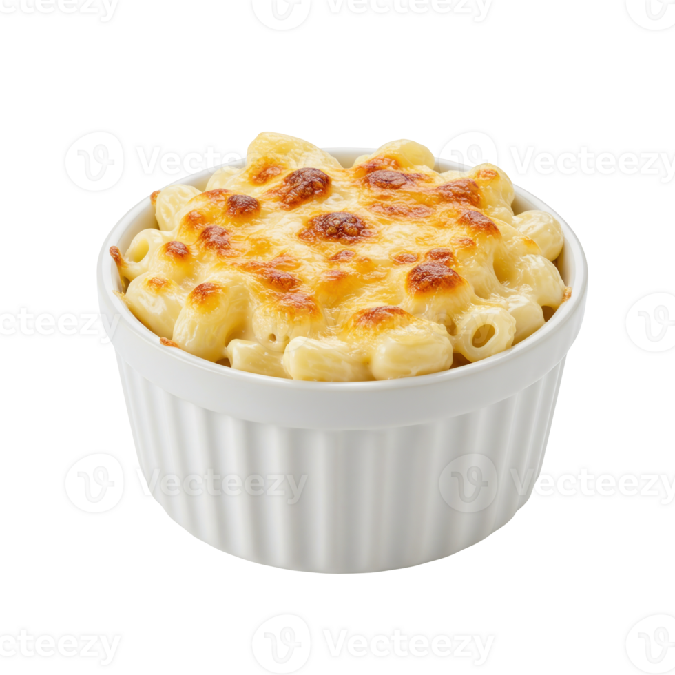 Delicious baked macaroni and cheese in a white ceramic ramekin bowl with a golden crispy crust png