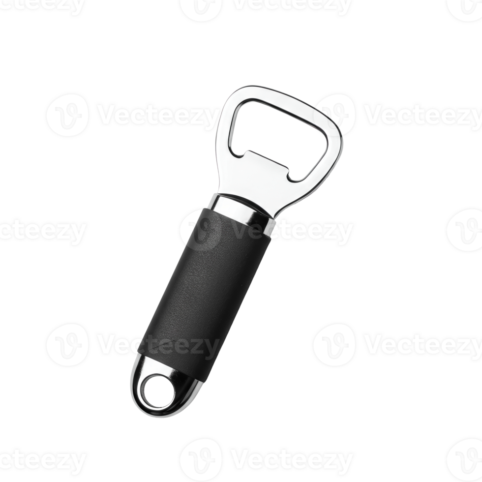 Modern silver metal bottle opener with a comfortable black rubber grip handle png