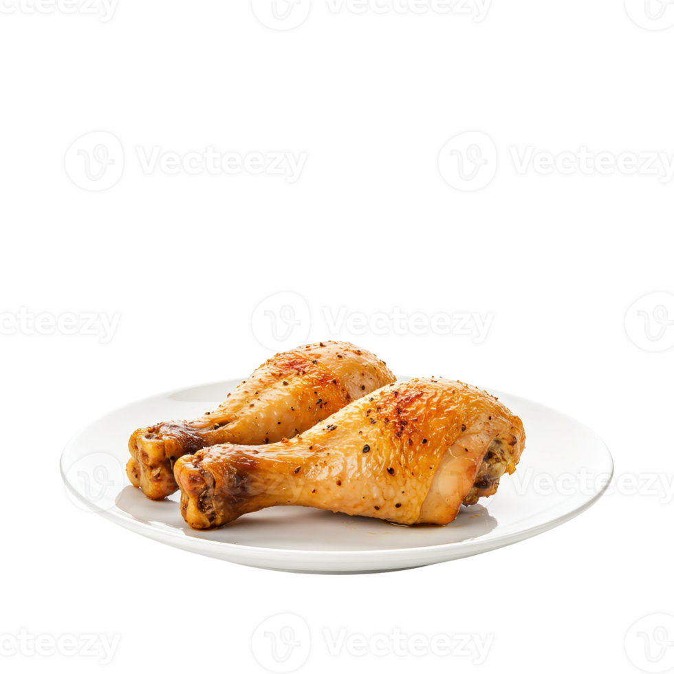 Golden roasted chicken drumsticks on a clean white plate, seasoned and ready png