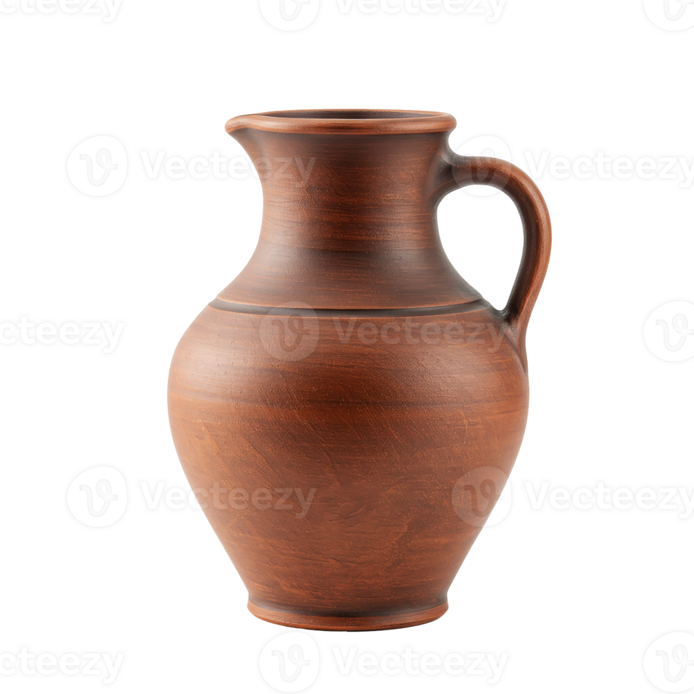 Traditional rustic brown clay pitcher with an earthy textured surface and simple handle png