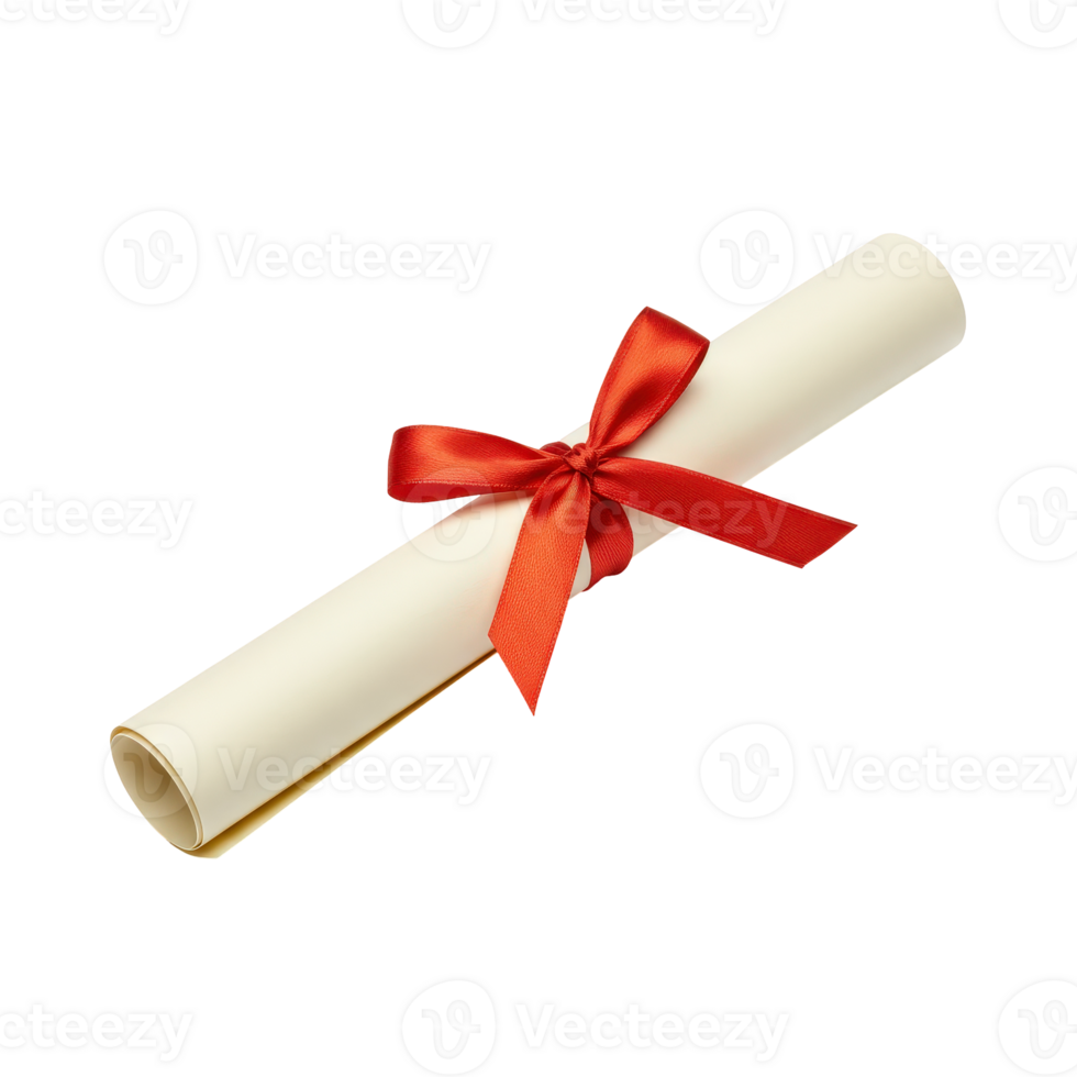 Prestigious academic degree scroll tied with a rich red ribbon, symbolizing achievement and honor png