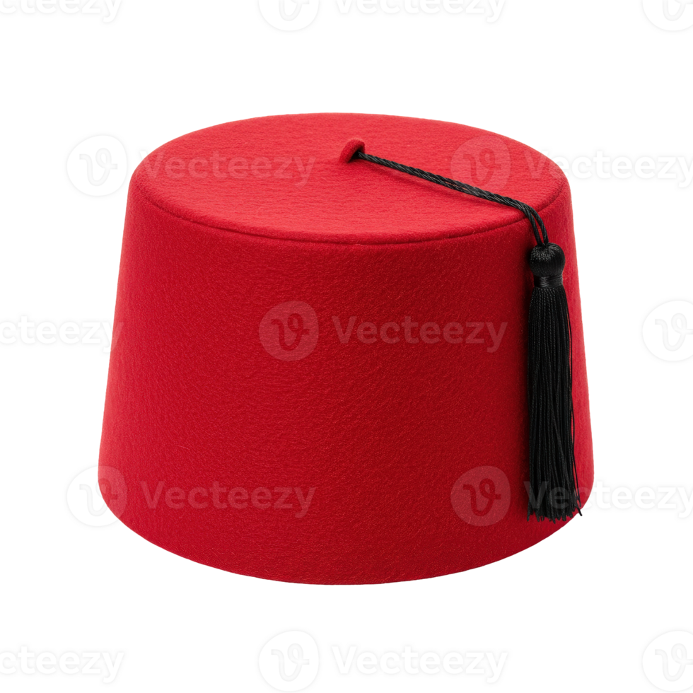 Classic bright red felt fez hat with a prominent black tassel, symbolizing tradition png