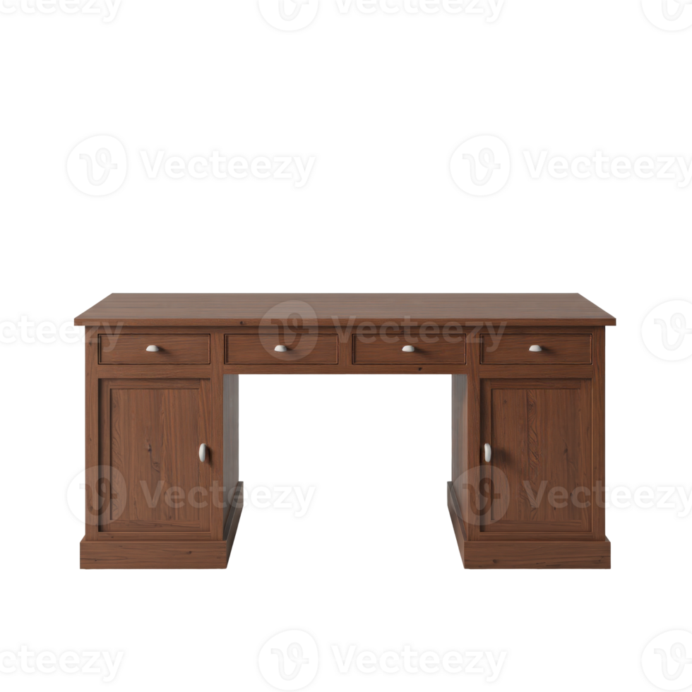 Classic wooden office desk with multiple drawers and cabinet storage compartments png