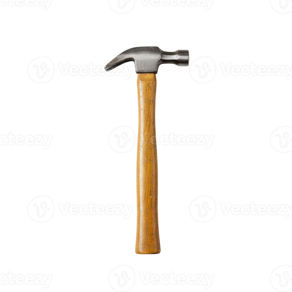 Sturdy metal claw hammer showcasing a polished wooden handle and traditional, rugged form png