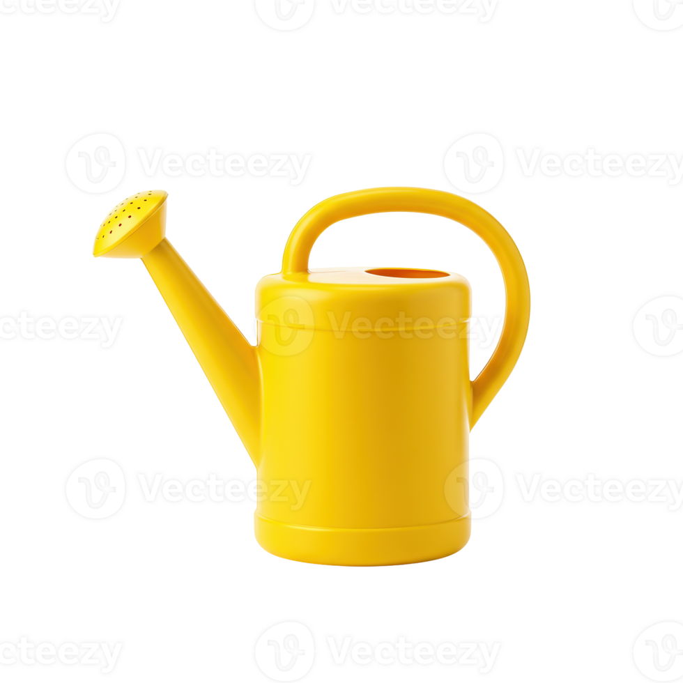 Bright yellow plastic watering can with a sturdy handle and functional sprinkle head png