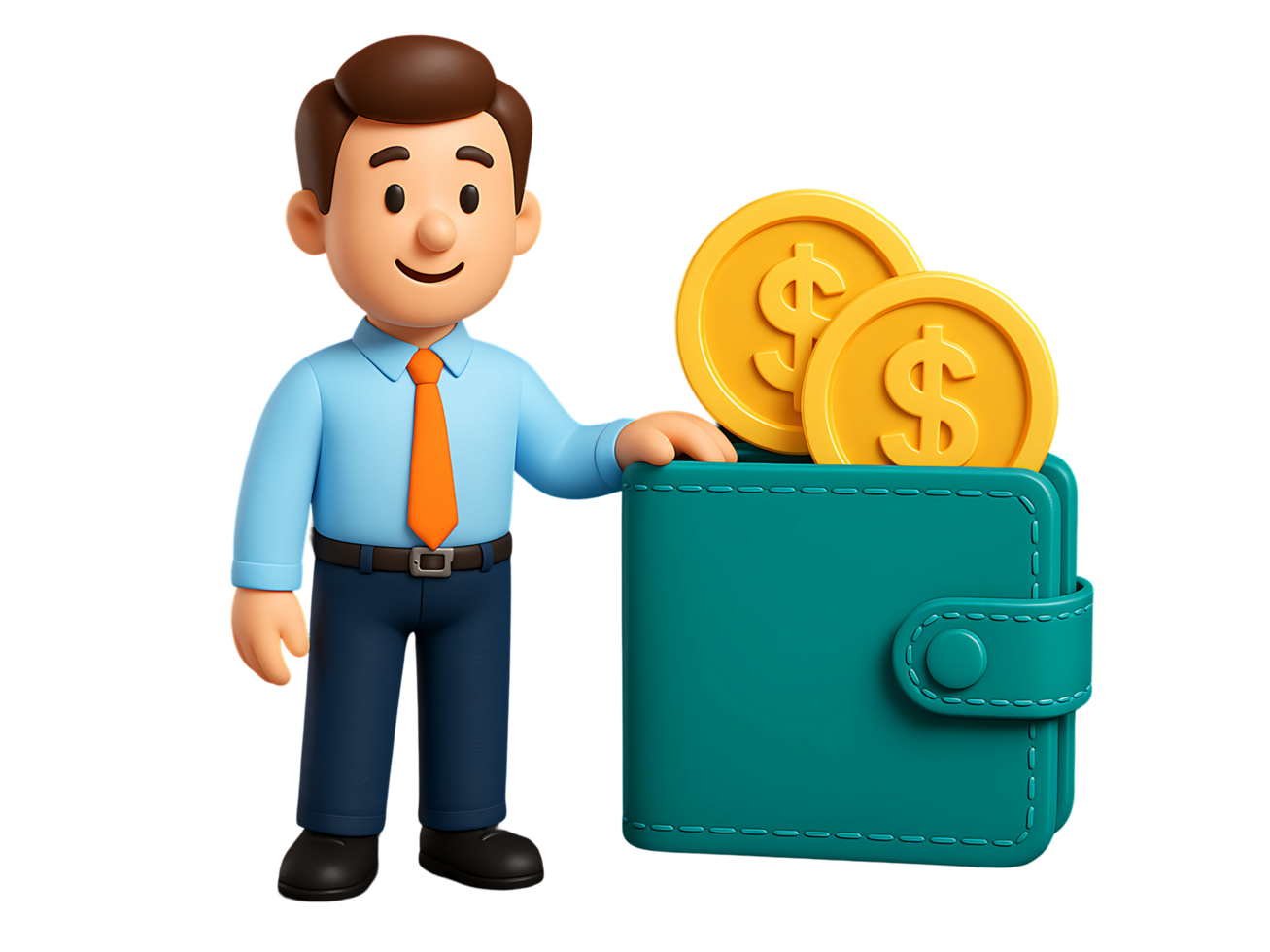 3D Businessman with Wallet and Coins Illustration Isolated on Transparent Background png