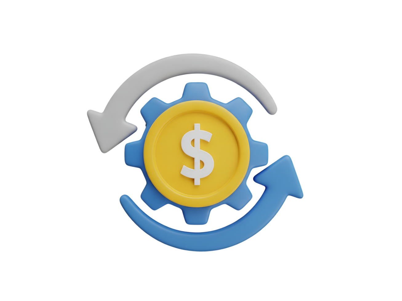 3D Dollar Coin with Gear and Circular Arrows for Money Flow Concept Isolated on Transparent Background png