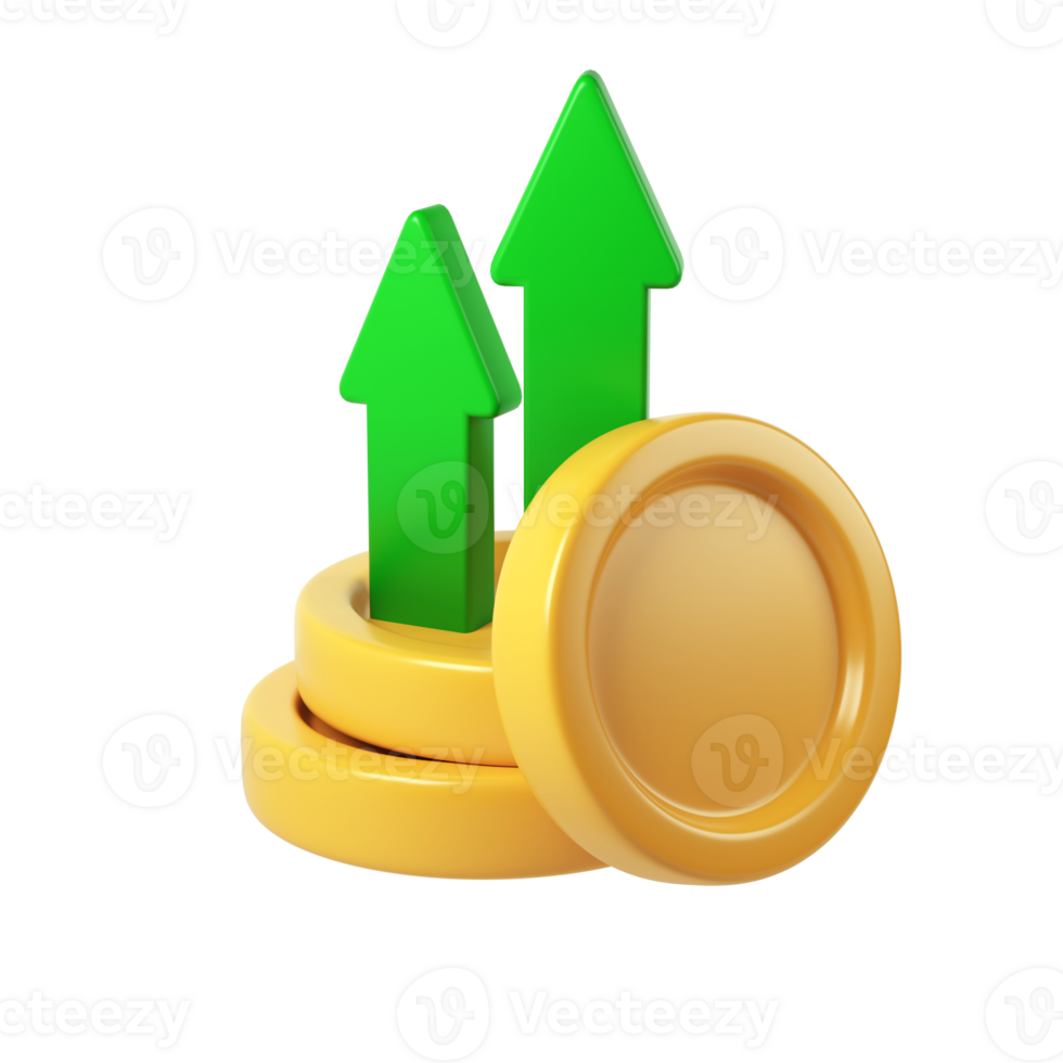stack, Green arrows rising golden coin icon representing financial growth, investment performance, digital 3d rendering against transparent background png