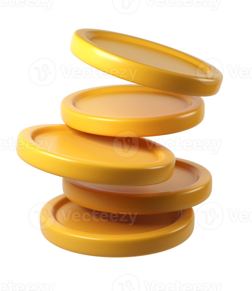 3d finance rendering icon stack background, shiny gold coins leaning against a transparent of perfect for investment concept png