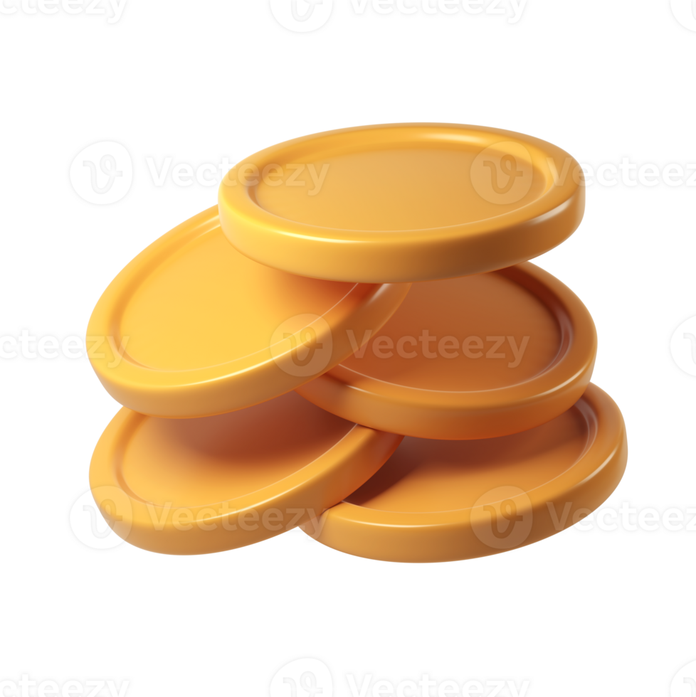 3d finance rendering icon stack background, shiny gold coins leaning against a transparent of perfect investment concept png