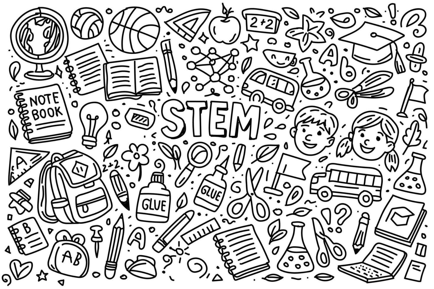 STEM education doodle illustration with school supplies, science and learning icons vector