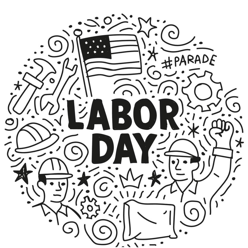 Labor Day illustration with American flag, workers, tools, gears, helmet and hand drawn patriotic elements for celebration concept vector
