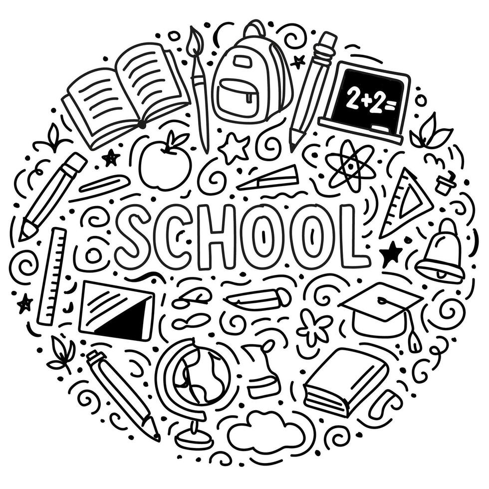 School doodle illustration with books, pencils, backpack, chalkboard, globe, ruler, bell, graduation cap and hand drawn education elements vector