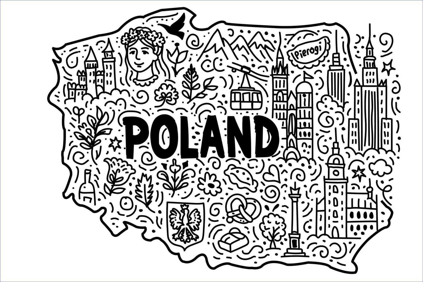 Poland map with doodle style icons vector