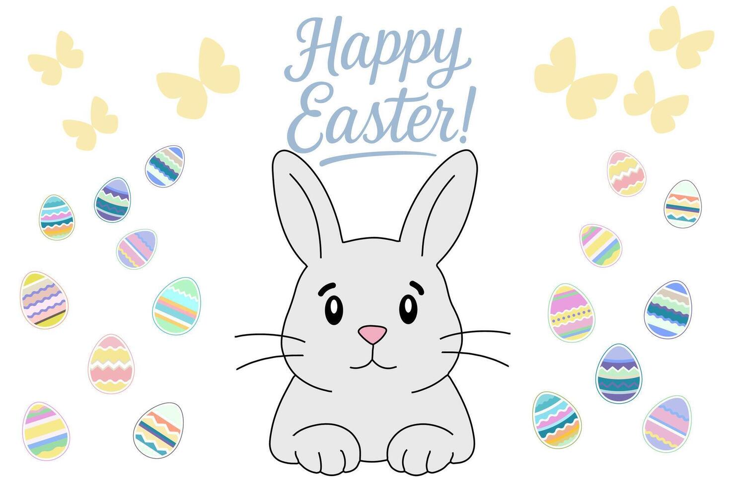 Cute Easter bunny illustration with colorful eggs, butterflies and festive lettering vector