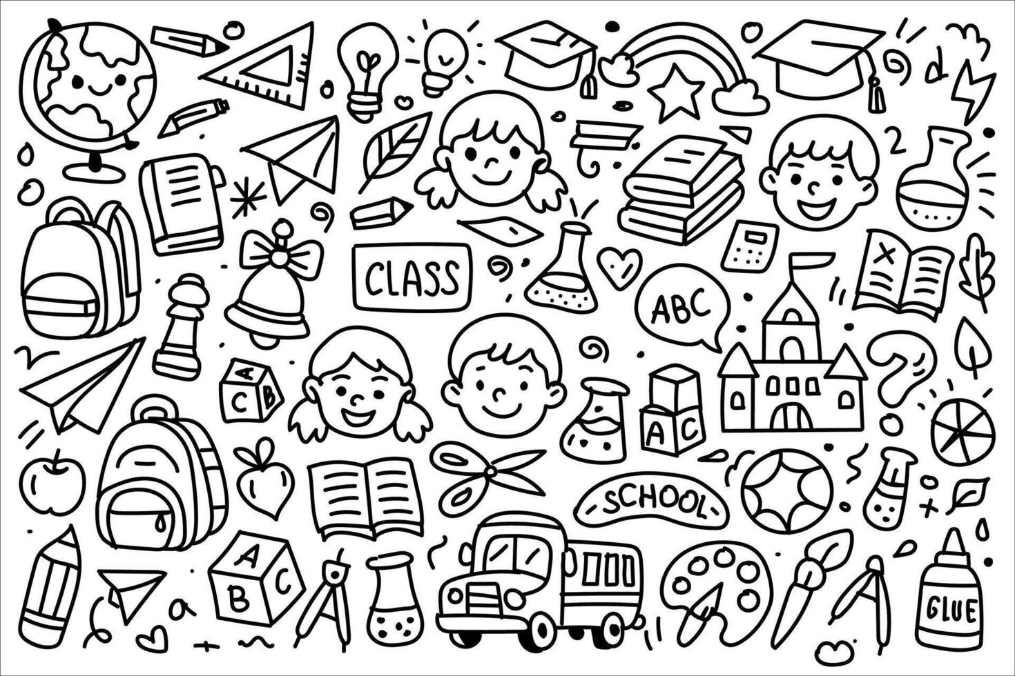 Hand drawn school doodle illustration with kids, supplies and symbols vector