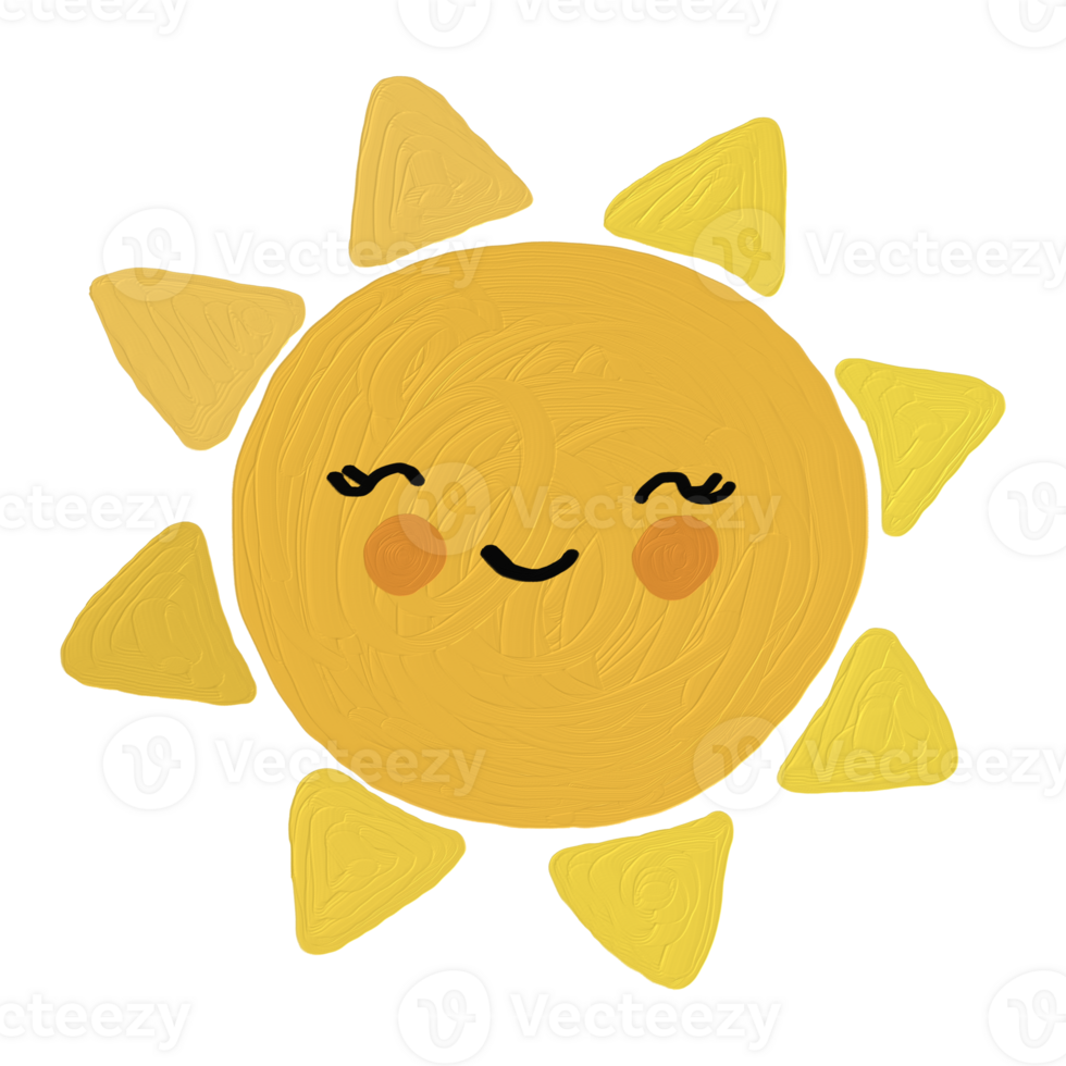 The sun looks like a cute cartoon character and has a surface that looks like a textured painting. png