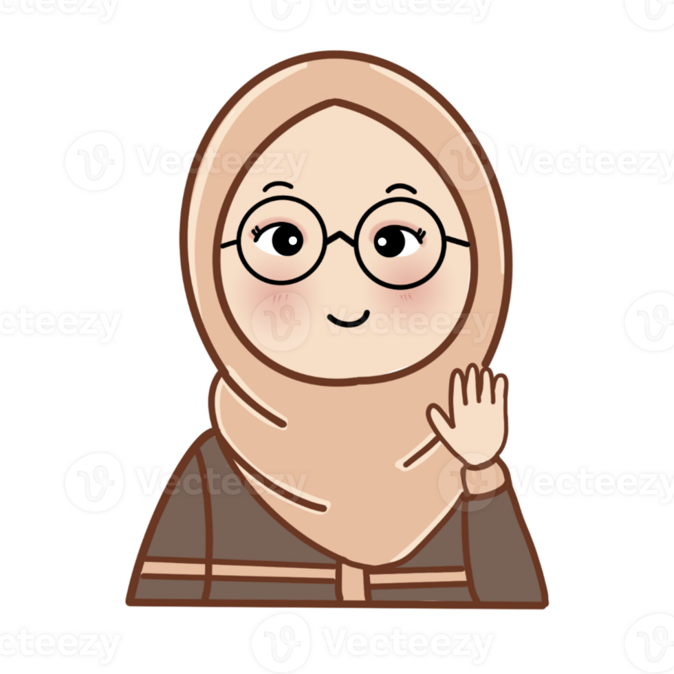 A cute hijabi cartoon girl with glasses and a warm wave spreading friendly vibes and simple joy with a smile. png