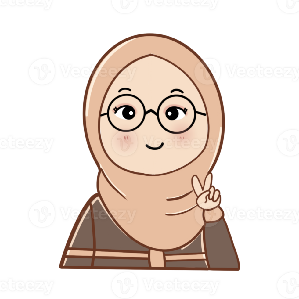 A cute hijabi cartoon girl flashing a peace sign with a sweet smile and blush simple, kind, and full of charm. png