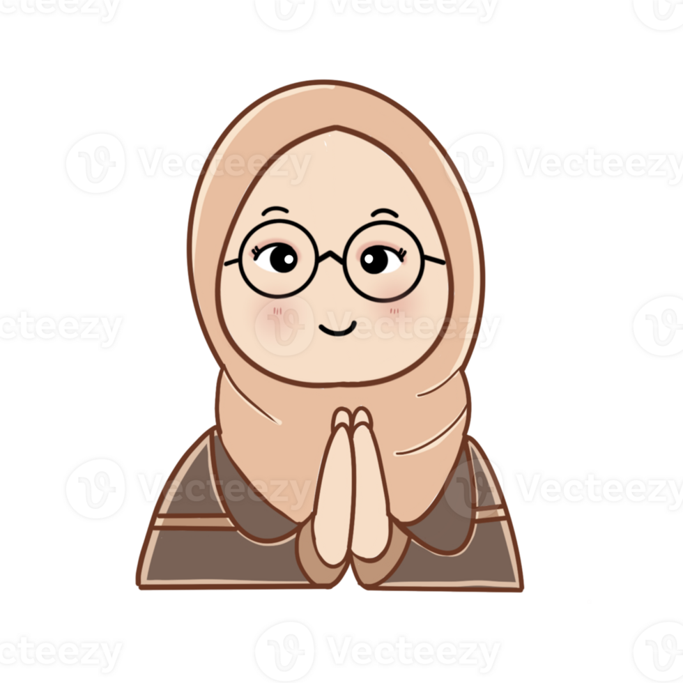 A cute hijabi cartoon girl with glasses and a warm smile, pressing her hands together in a sweet gesture of gratitude or greeting. png