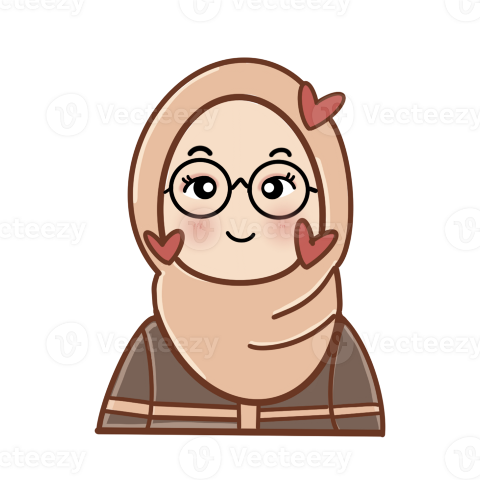 A cheerful hijabi cartoon girl with glasses, blushing cheeks, and hearts around her face spreading love and positivity with every smile. png