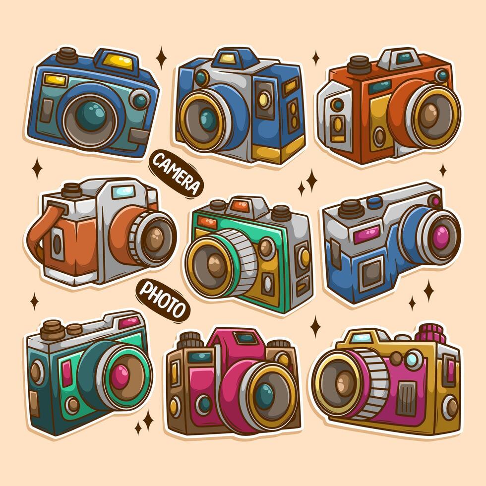 Collection of colorful cartoon cameras vector