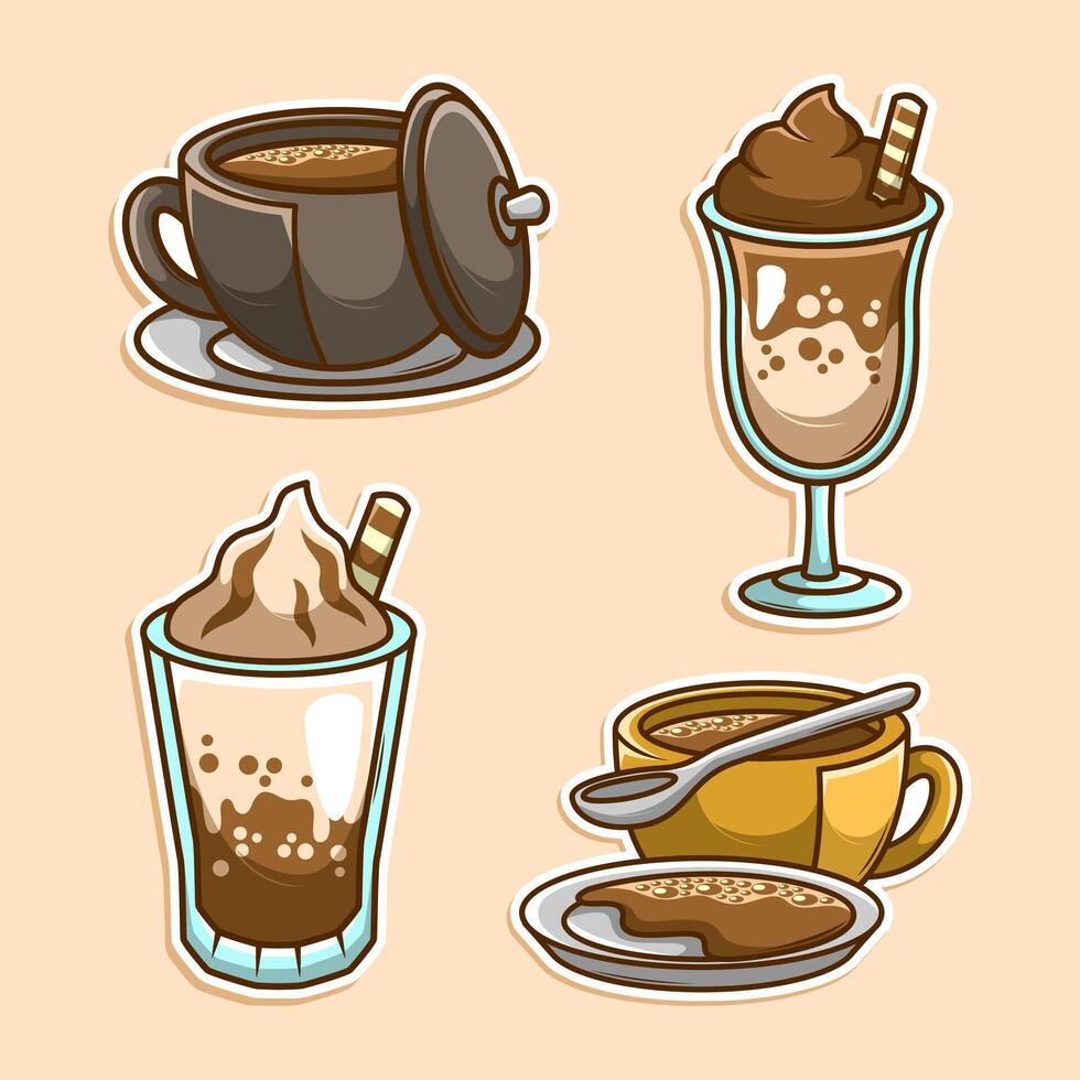 Four coffee drink illustrations on a beige background vector