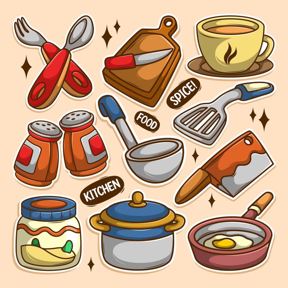 kitchen utensils and food stickers vector