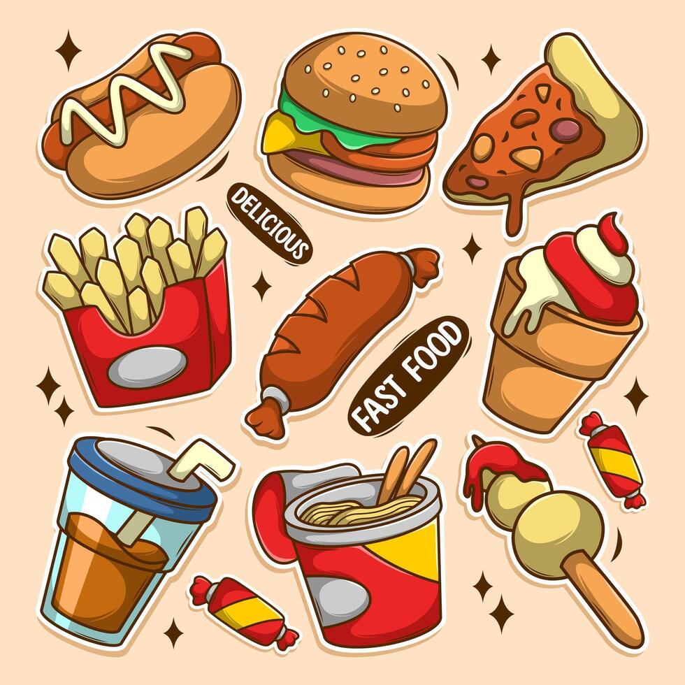 various fast food items stickers vector