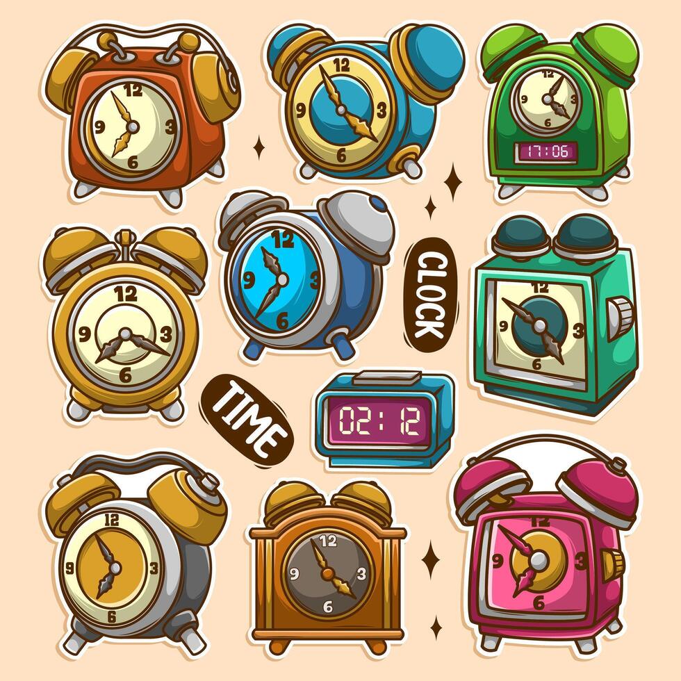 Colorful cartoon clocks and alarm clocks vector