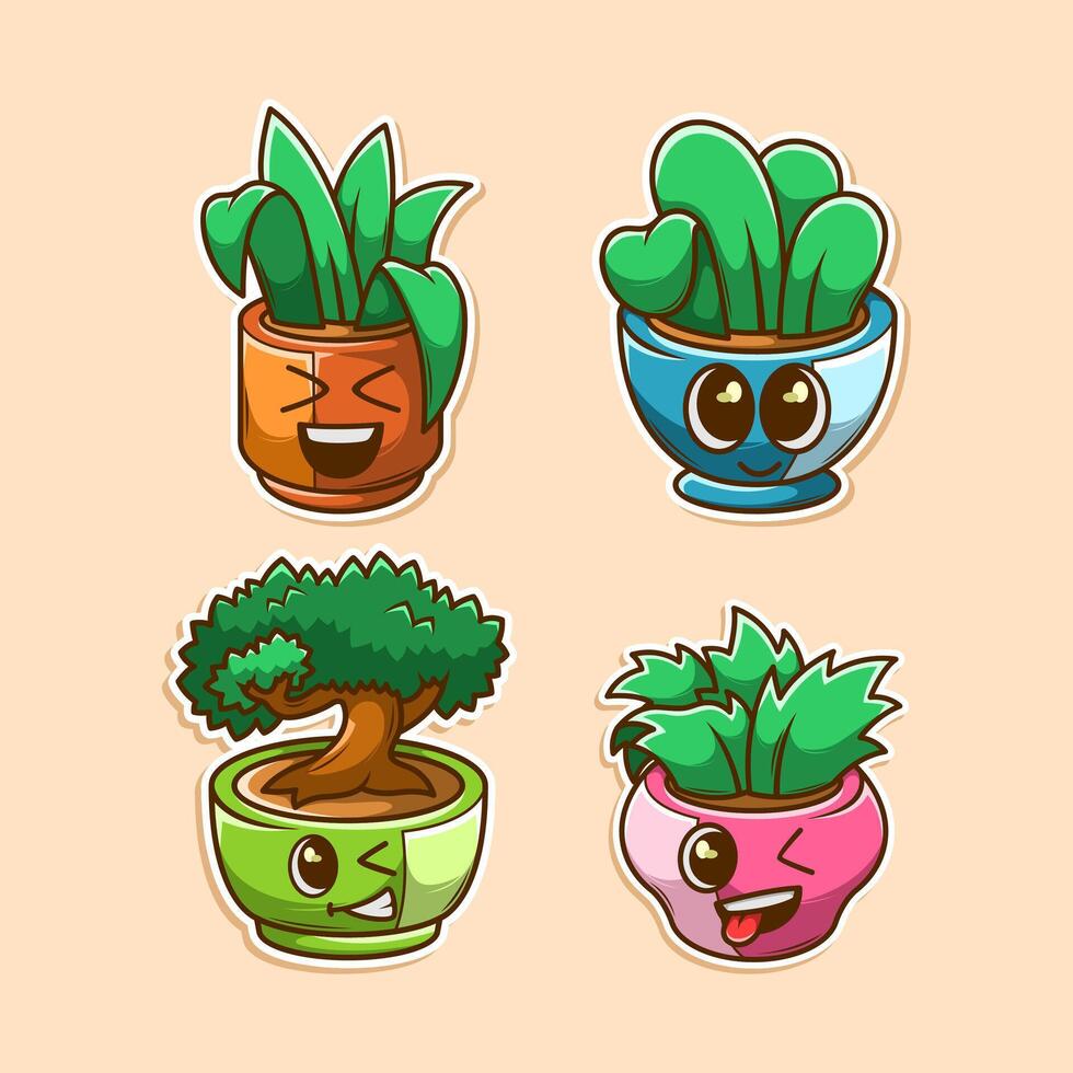 cute character green plants in pots vector