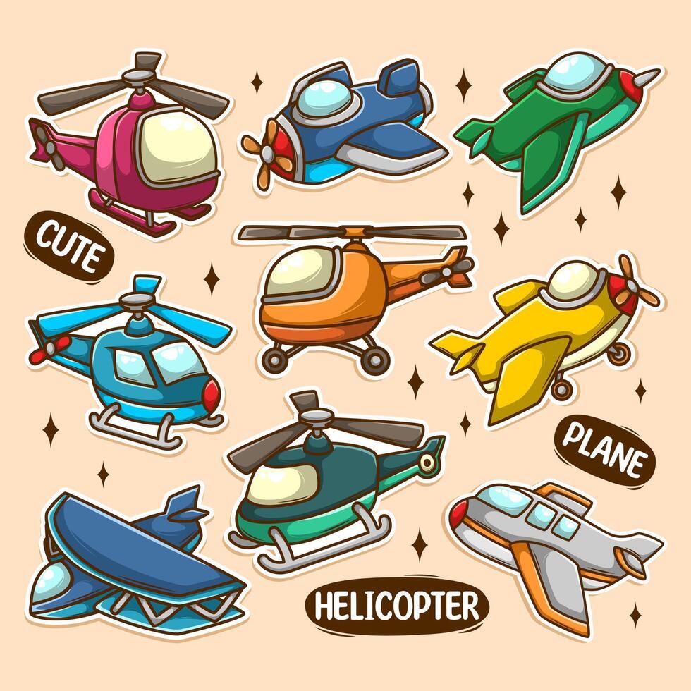colorful stickers of planes and helicopters vector