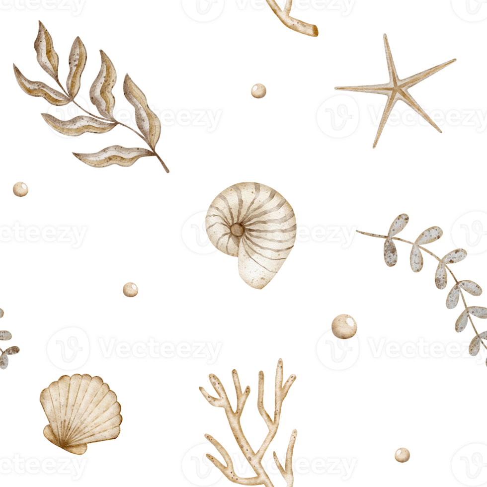 Seamless pattern with starfish, shells, corals, seaweed, pearls. Watercolor illustration in marine style for printing on textiles, fabrics, clothing, packaging, wallpaper, printing, bathroom, dishes png