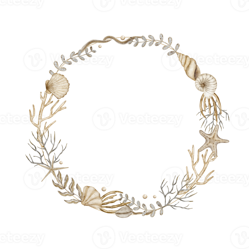 Wreath of seashells, seaweed and coral. Watercolor illustration on transparent background for design greeting card, poster for kids, tableware, clothes, templates png