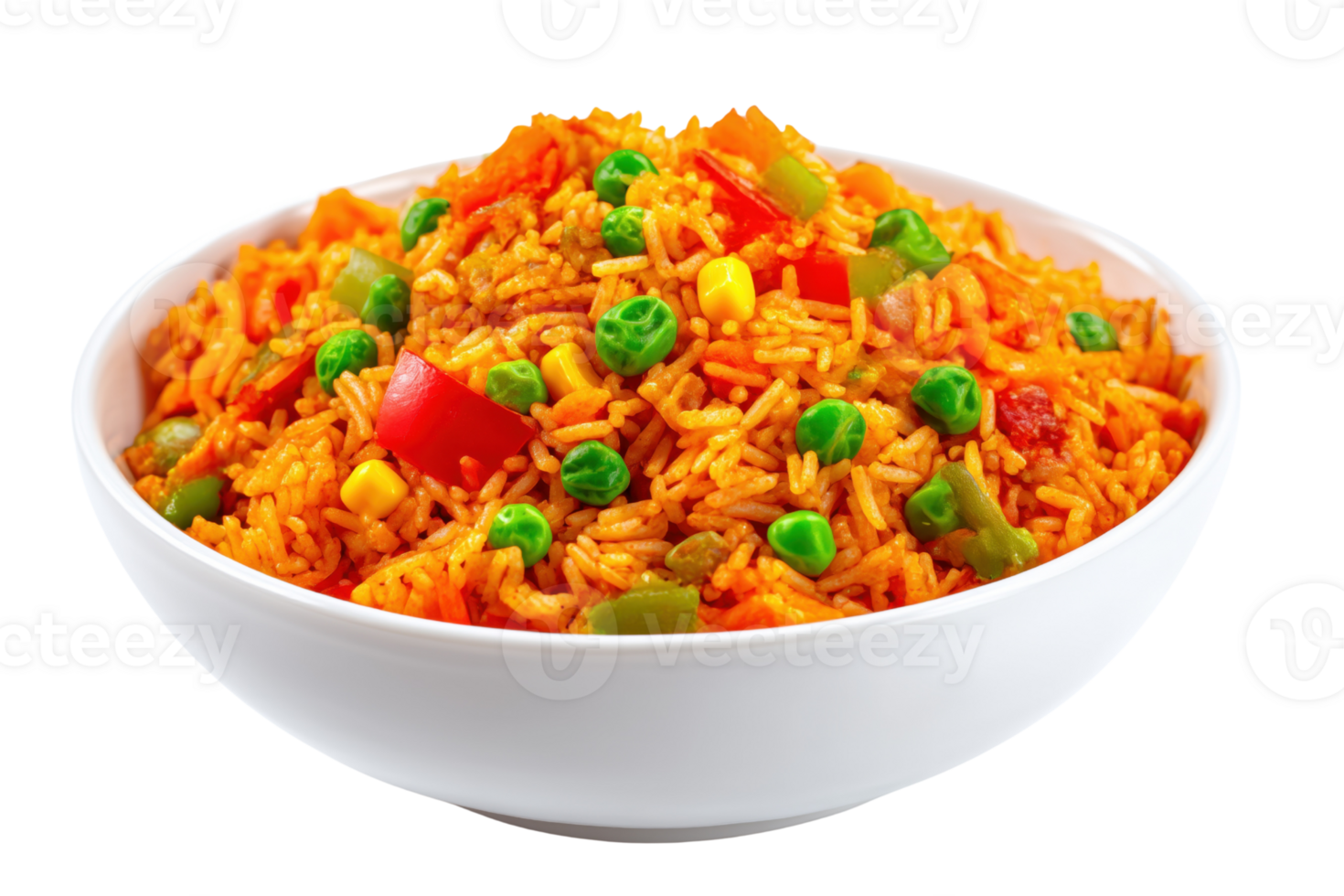 A bowl of colorful, tasty fried rice garnished with vegetables, perfect for a delicious meal. png