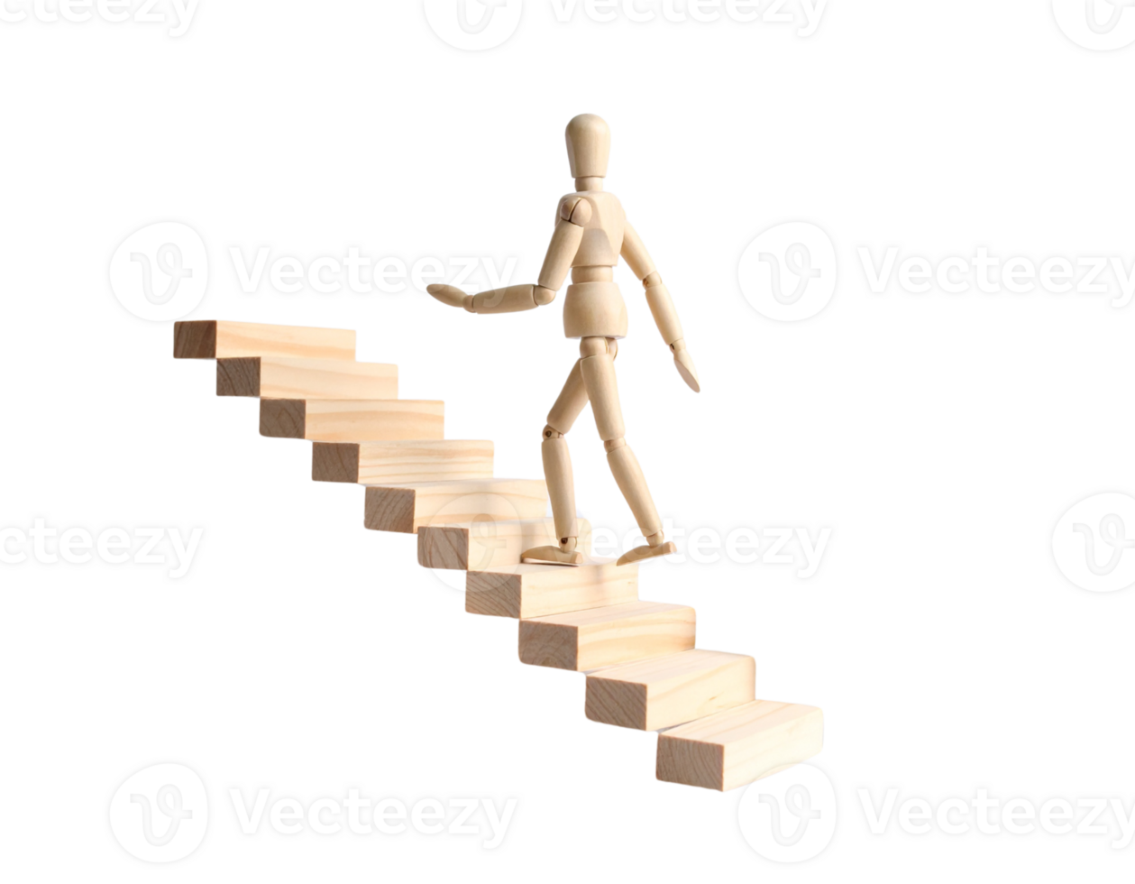 A wooden man walking up a set of stairs png