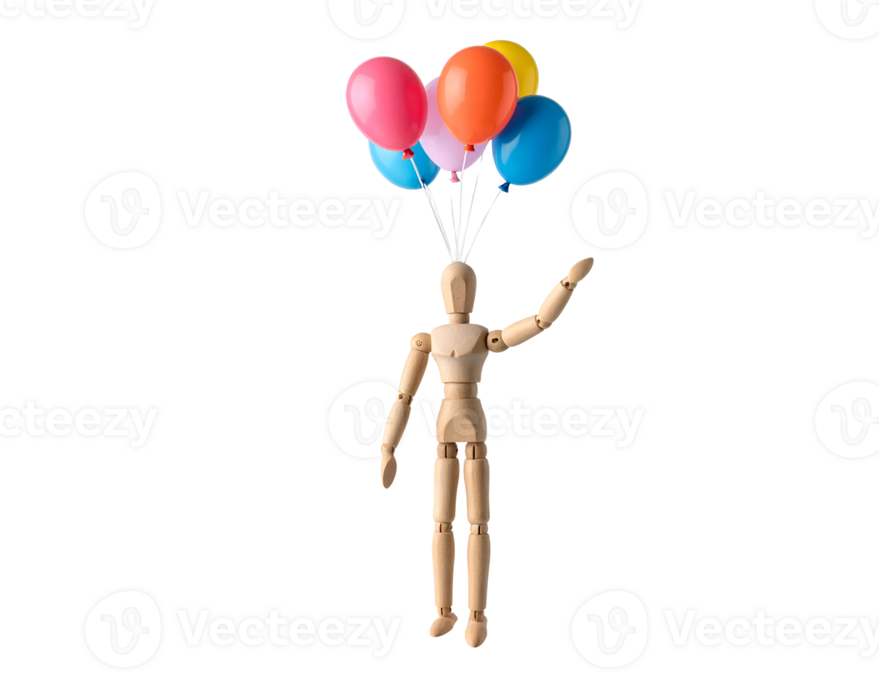 A wooden mannequin with balloons on top of it png