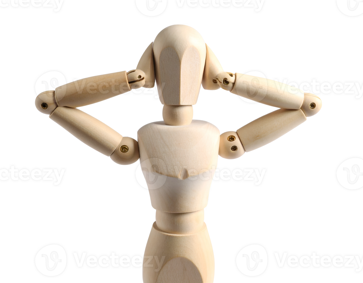 A wooden mannequin with its hands on its head png