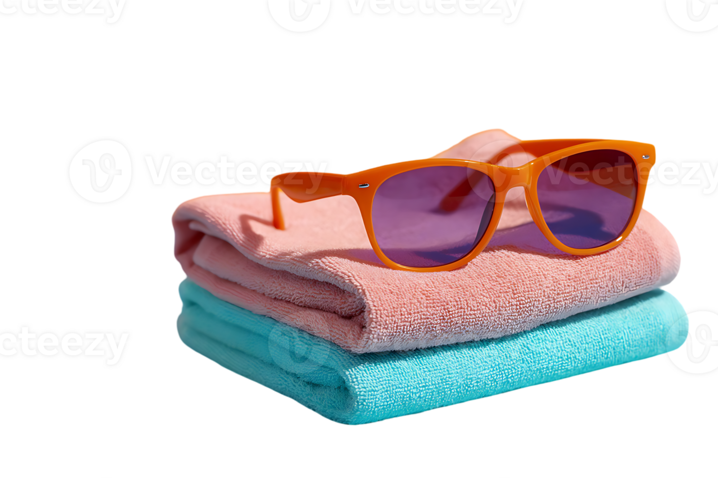 Orange sunglasses rest on a stack of pink and blue towels summer vacation essentials png