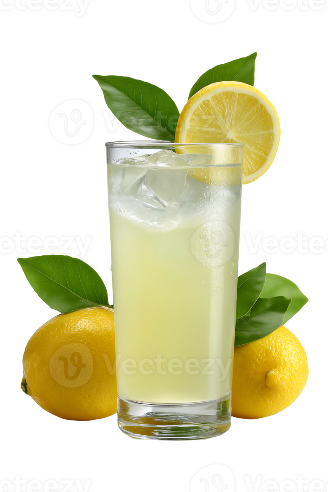 Refreshing lemonade in a glass with ice and lemon slices surrounded by lemon leaves png