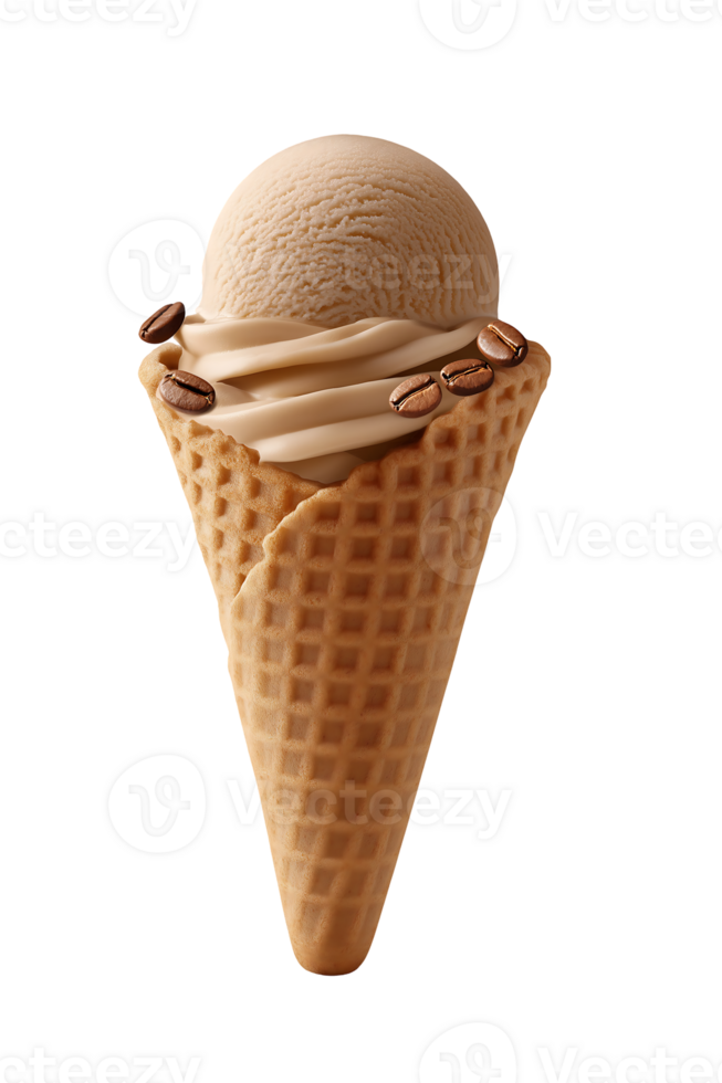 Coffee ice cream in a waffle cone with coffee beans png