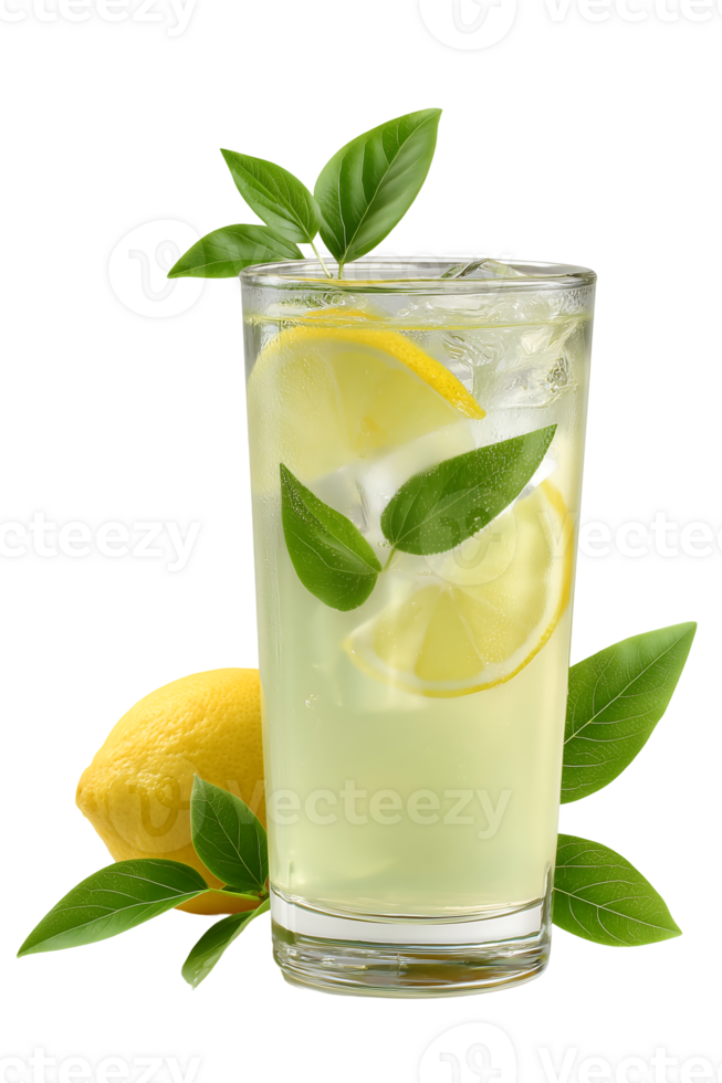 Refreshing lemonade drink with lemon slices and ice in a glass surrounded by green leaves png