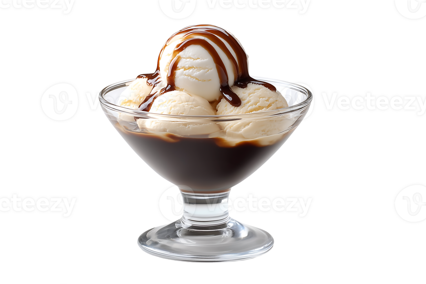 Delicious vanilla ice cream scoops in a glass bowl drizzled with chocolate sauce a sweet treat png