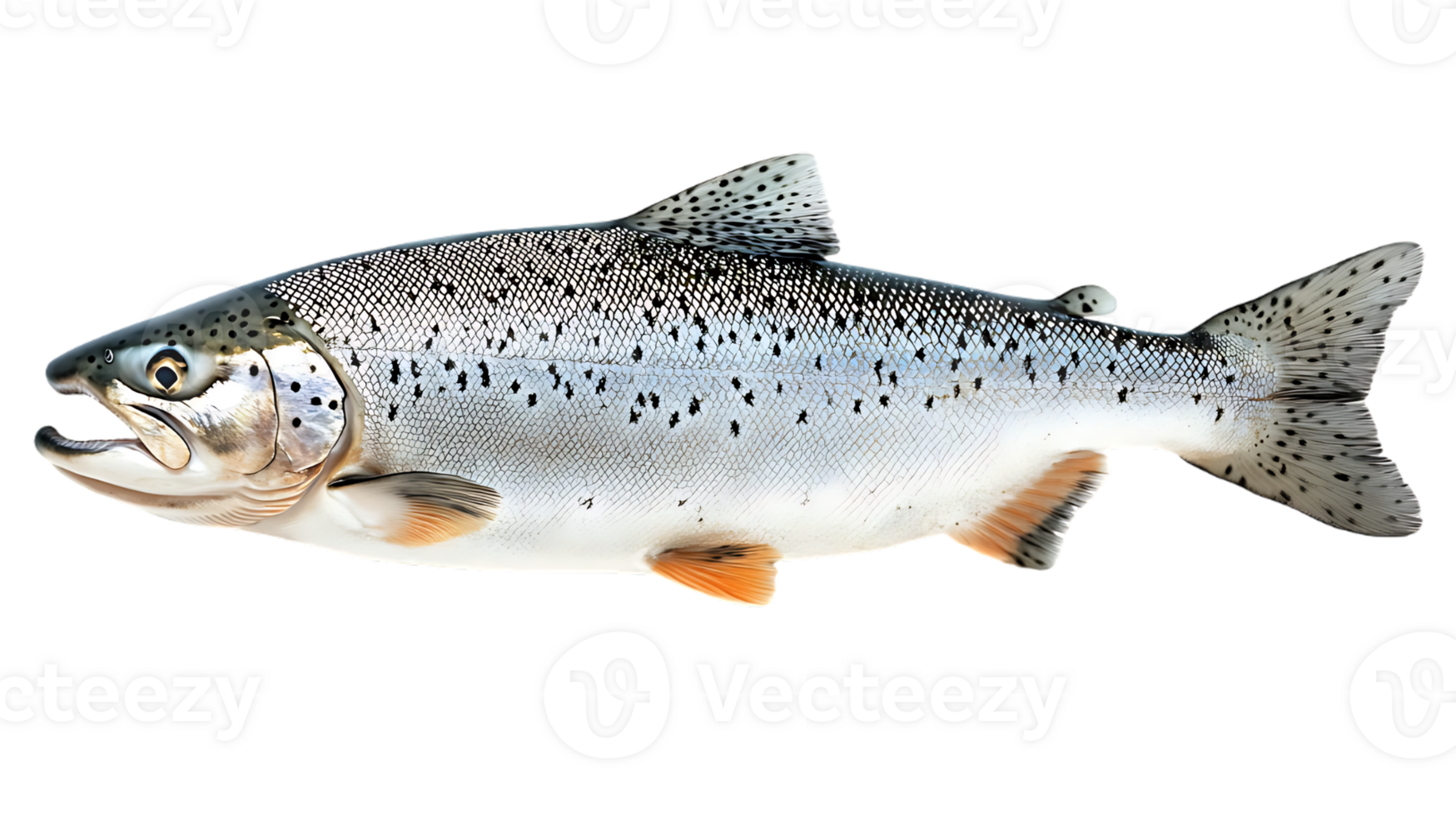 A detailed view of a speckled salmon fish showing its scales fins and body png