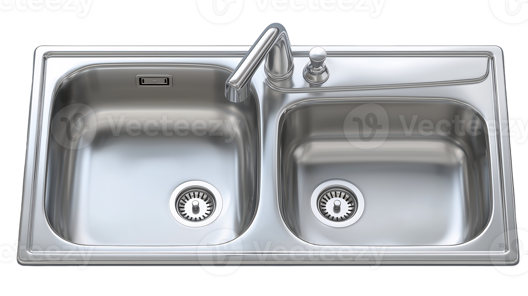 Stainless steel double kitchen sink top view faucet and drain png