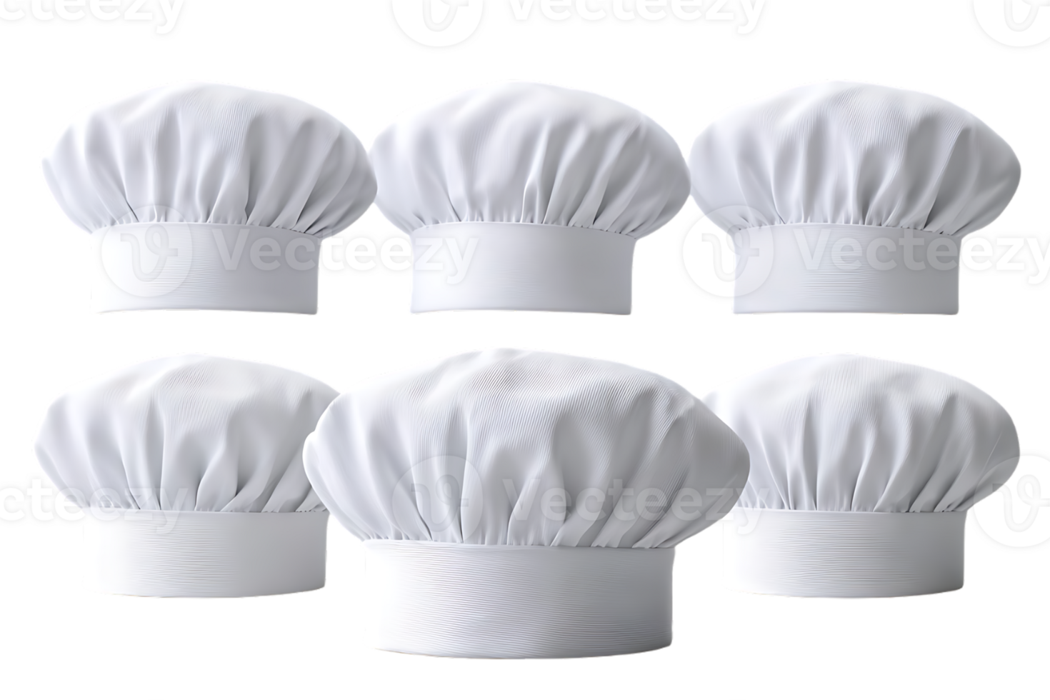 Six white chef hats arranged in a double row culinary headwear collection png