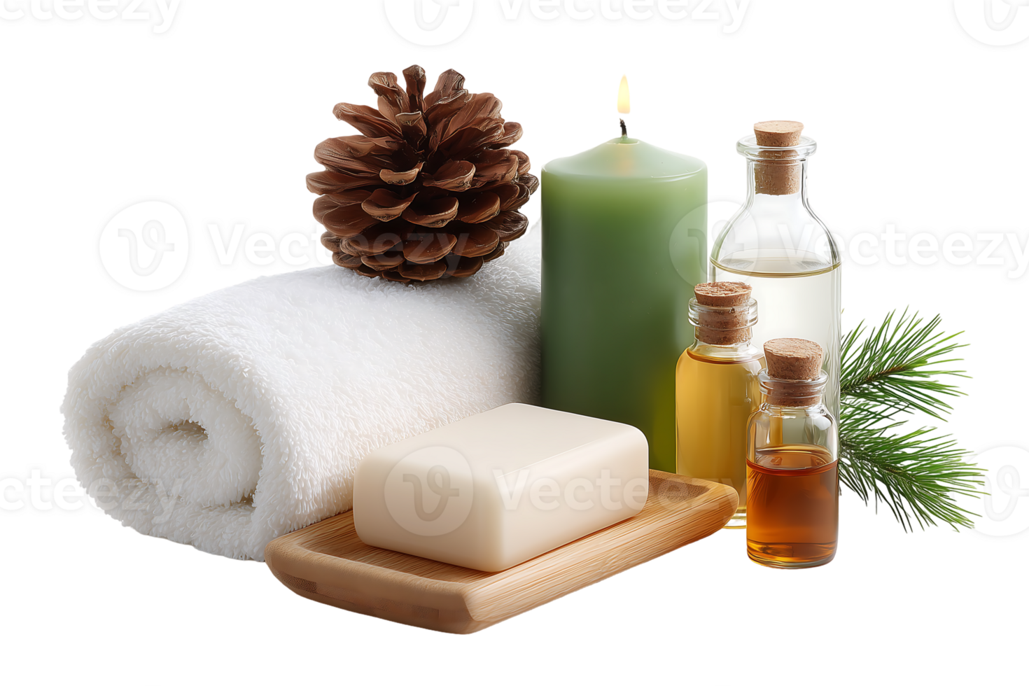 Spa treatment set with candle soap oils and pine cone png