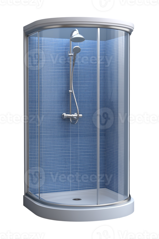 Modern corner shower enclosure with blue tile walls and chrome shower fixtures png