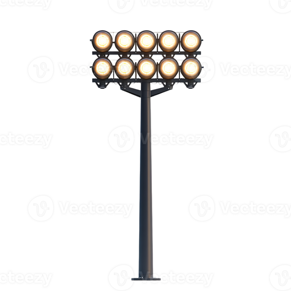 Stadium lights illuminating the night a tall pole holds many bright lights png
