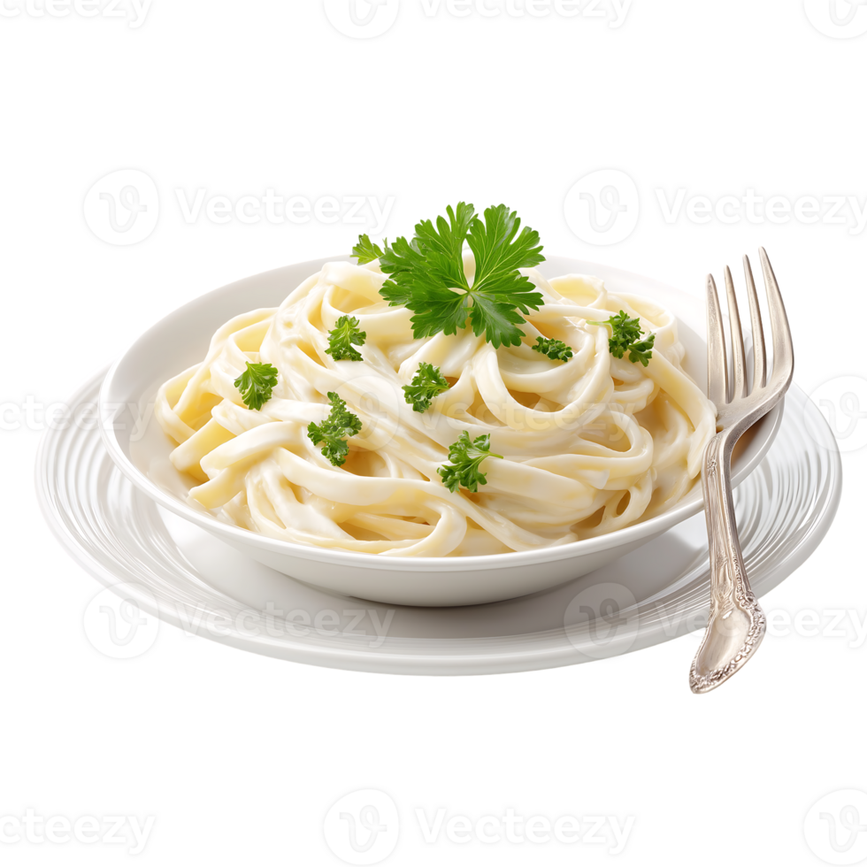 Creamy pasta dish in a white bowl garnished with parsley served on a plate with a fork png